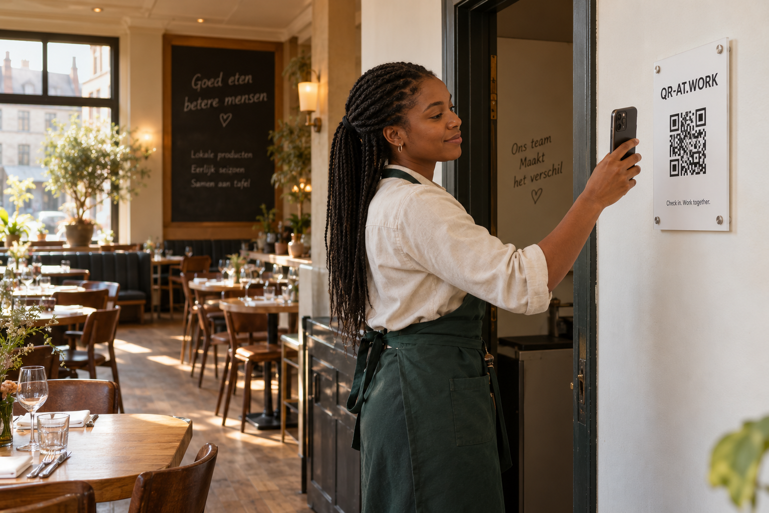 An employee scans at the restaurant staff entrance.