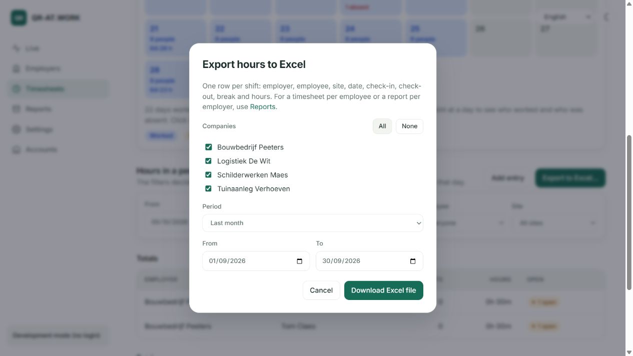 Easy exports: Choose your clients and date range, then download working hours for Excel or payroll.
