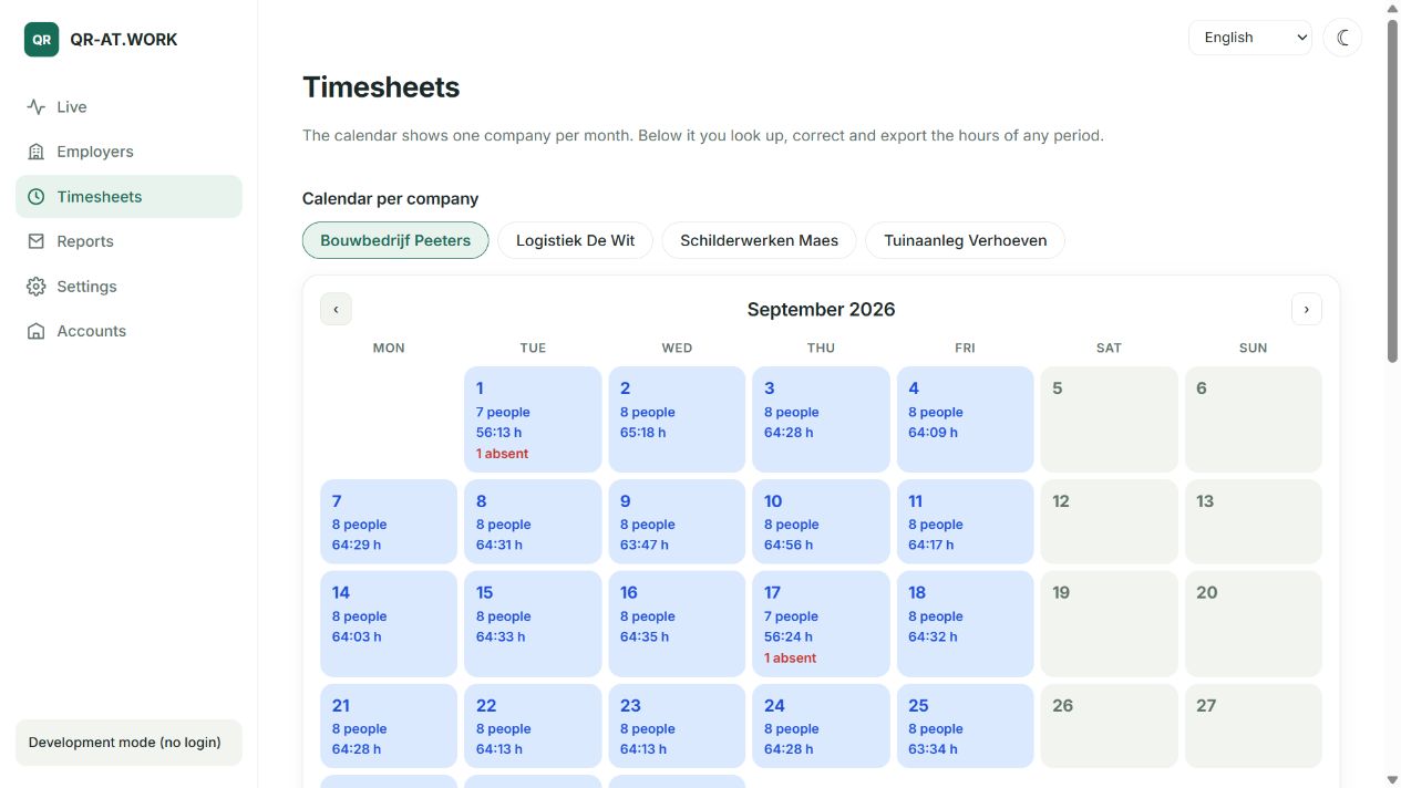 Timesheets and calendar: Review working days and hours by client, then correct or export entries.